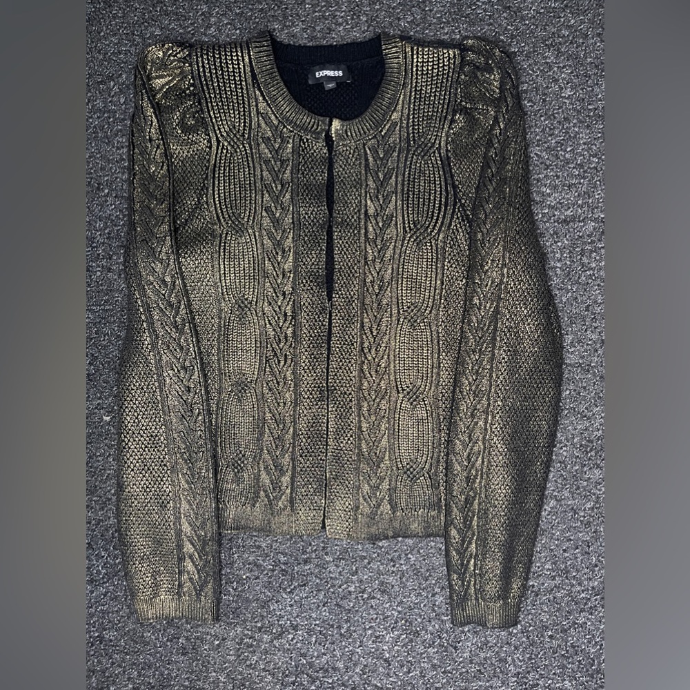 EXPRESS BLACK GOLD Metallic SWEATER JACKET Cardigan Textured Puff Sleeve